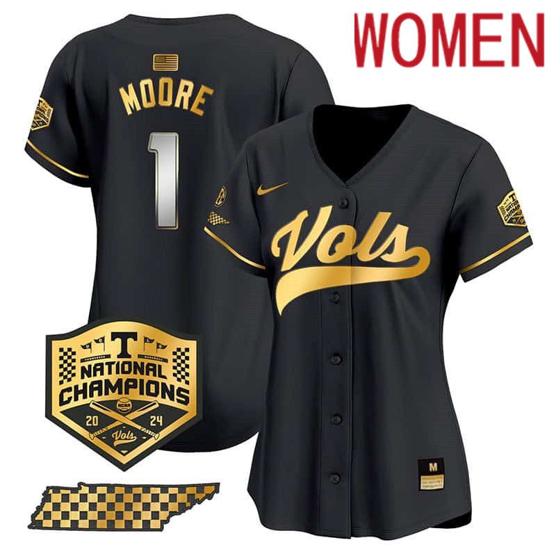 Women Tennessee Volunteers #1 Moore Black 2024 Nike Champions Vapor Premier Limited NCAA Jersey style 1->women nfl jersey->Women Jersey